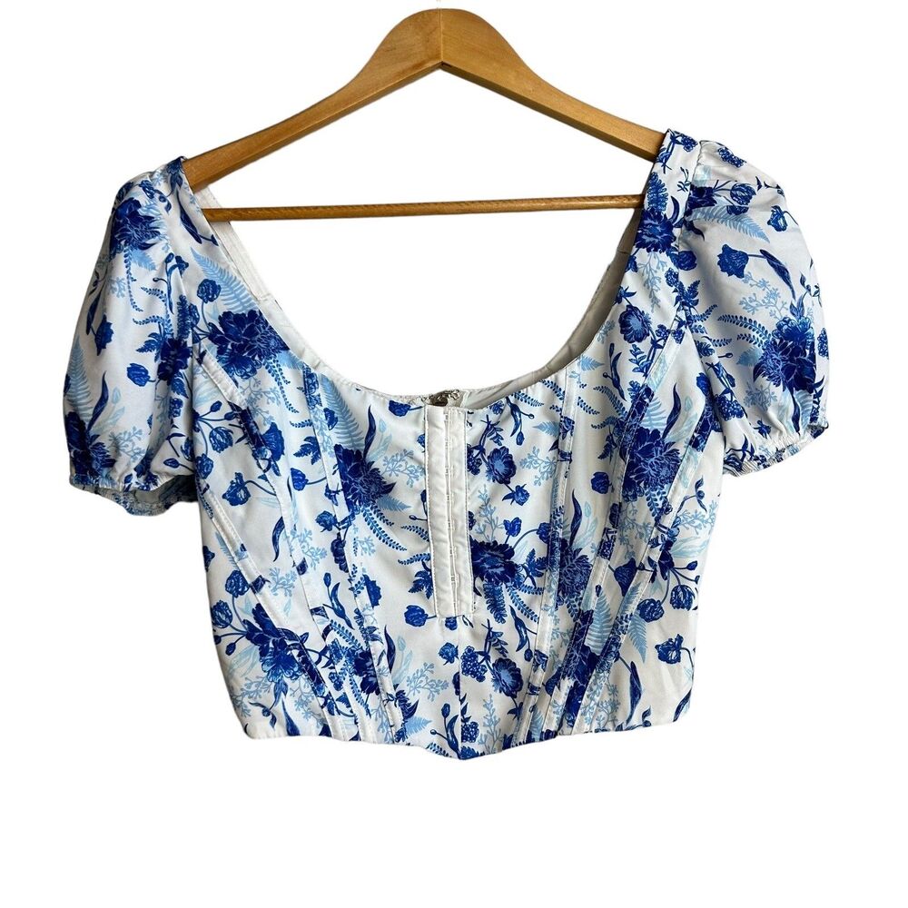 Tiger Mist Crop Top Womens Small Blue White Corset Style puff sleeves Shirt